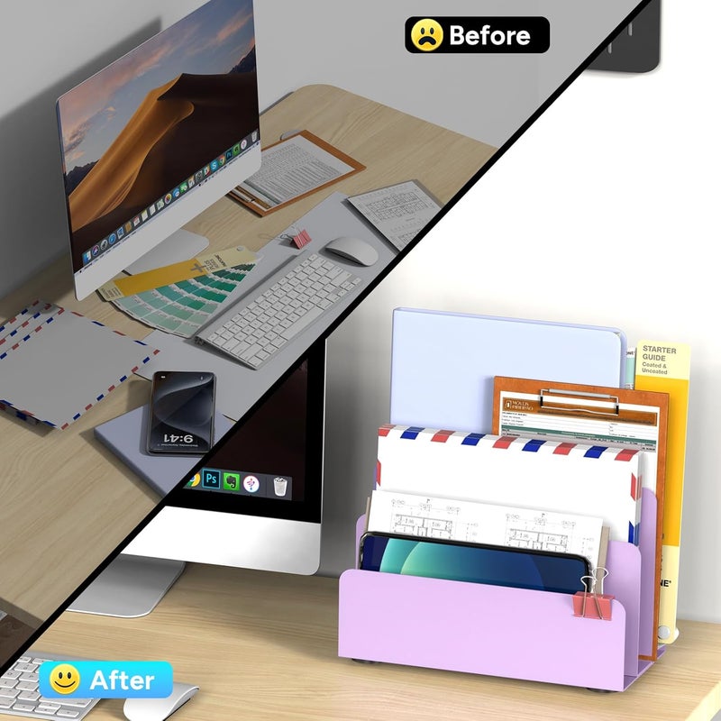 OUTIOE Mail Organizer Countertop, Small Desk File Organizer, Metal File Holder - Essential Workspace Organizers for Office Desk, Home Office (Purple) - Image 2